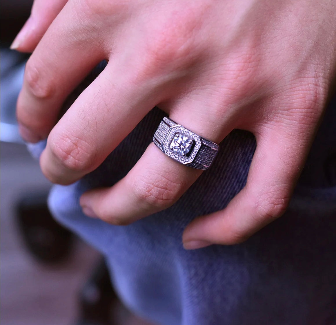 925 Sterling Silver Men's 1 Carat Moissanite Stones Encrusted Statement Ring