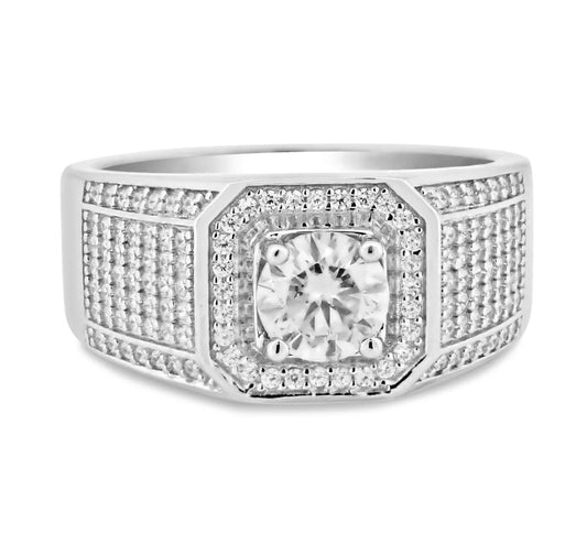 925 Sterling Silver Men's 1 Carat Moissanite Stones Encrusted Statement Ring